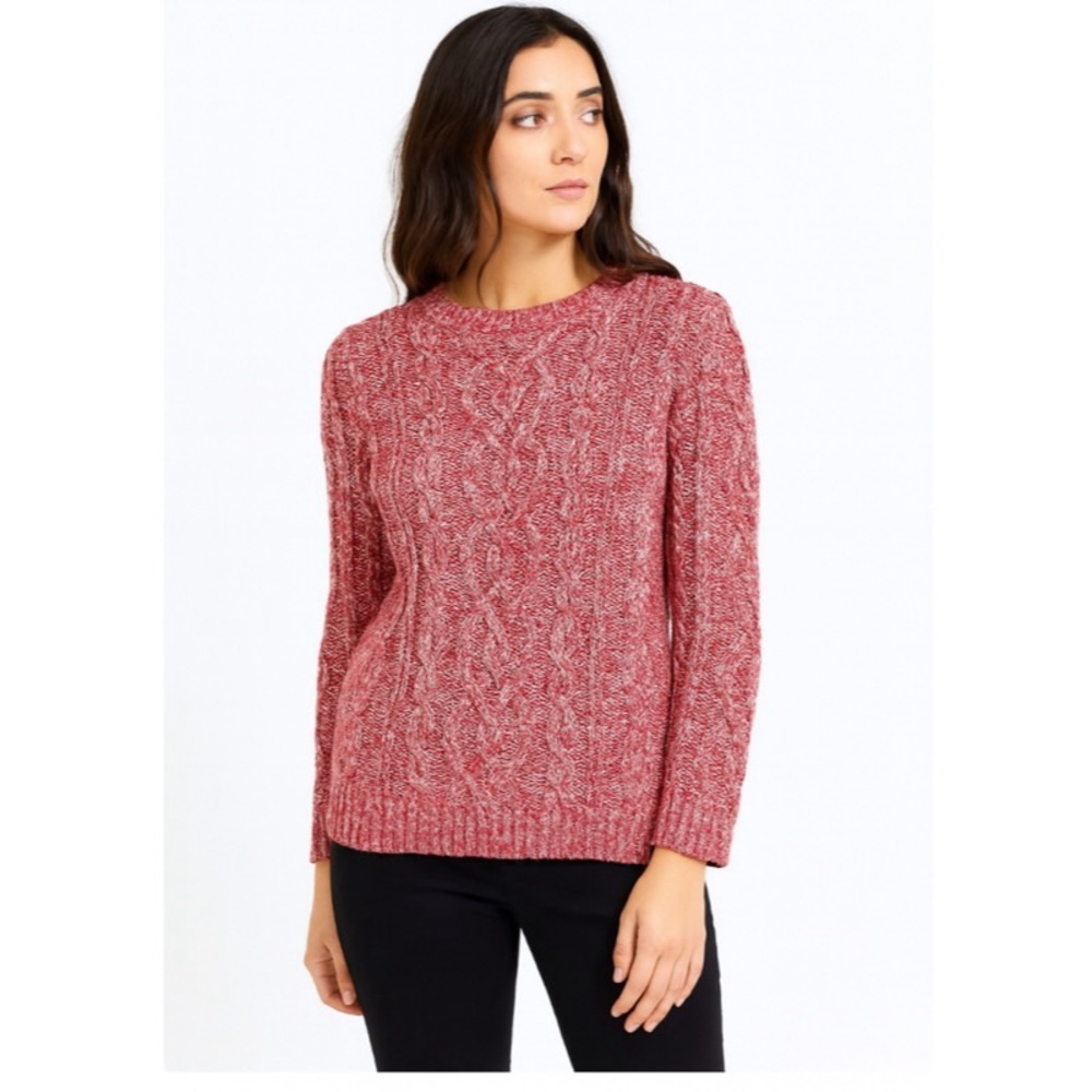 J. Jill Cable Knit Sweater Womens MP Marled Red White Cotton Fisherman Festive